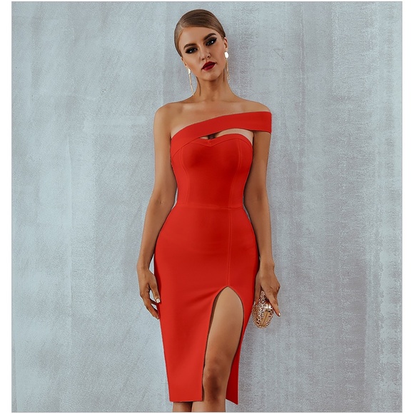 Bandage Cut Out One Shoulder Sexy Slit Bodycon Pencil Dress Black - Picture 5 of 6